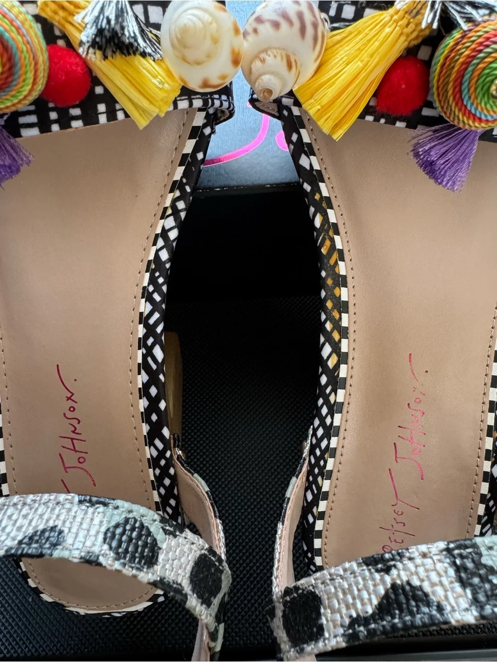 Betsey Johnson Jillie Black & White Platform Sandals With Multicolor Tassels
